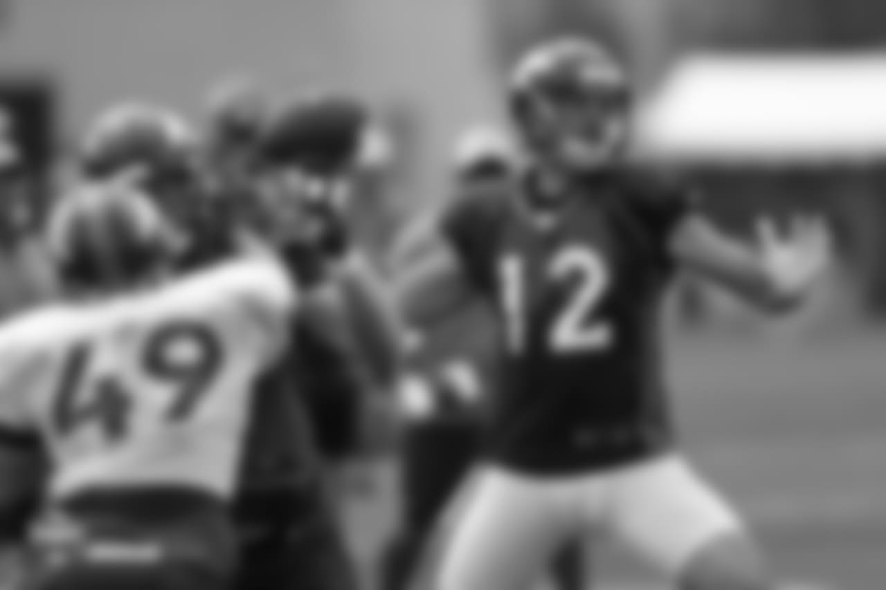 Quarterback Paxton Lynch (12) during the 10th day of training camp on August 8, 2018, at UCHealth Training Center.