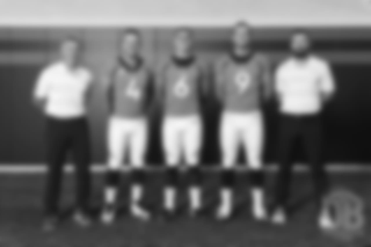 Quarterbacks Coach Mike Sullivan, Case Keenum, Chad Kelly, Kevin Hogan and Offensive Assistant/Quarterbacks Coach Klint Kubiak at team photo day at UCHealth Training Center on September 15, 2018.
