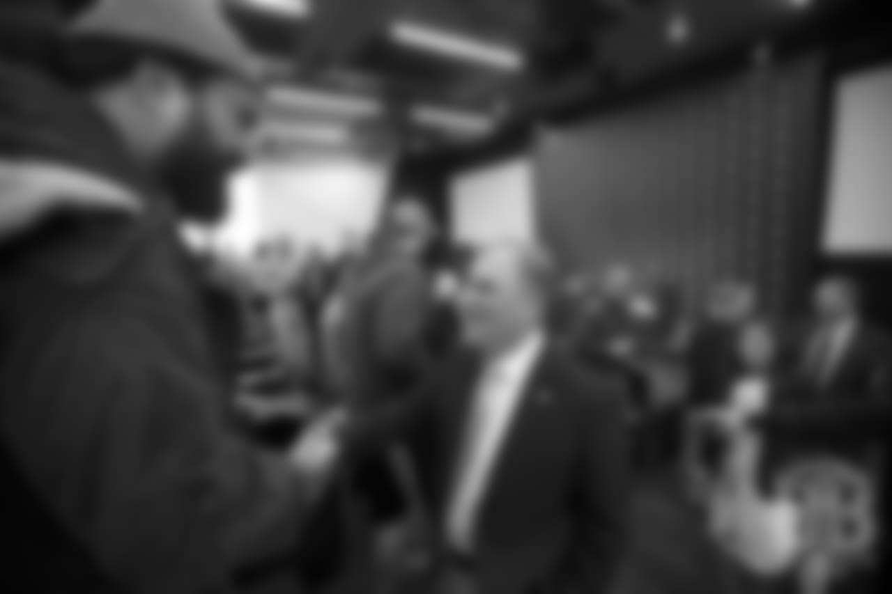 Domata Peko Sr. greets Head Coach Vic Fangio after his introductory press conference on January 10, 2019.
Photo by Gabriel Christus