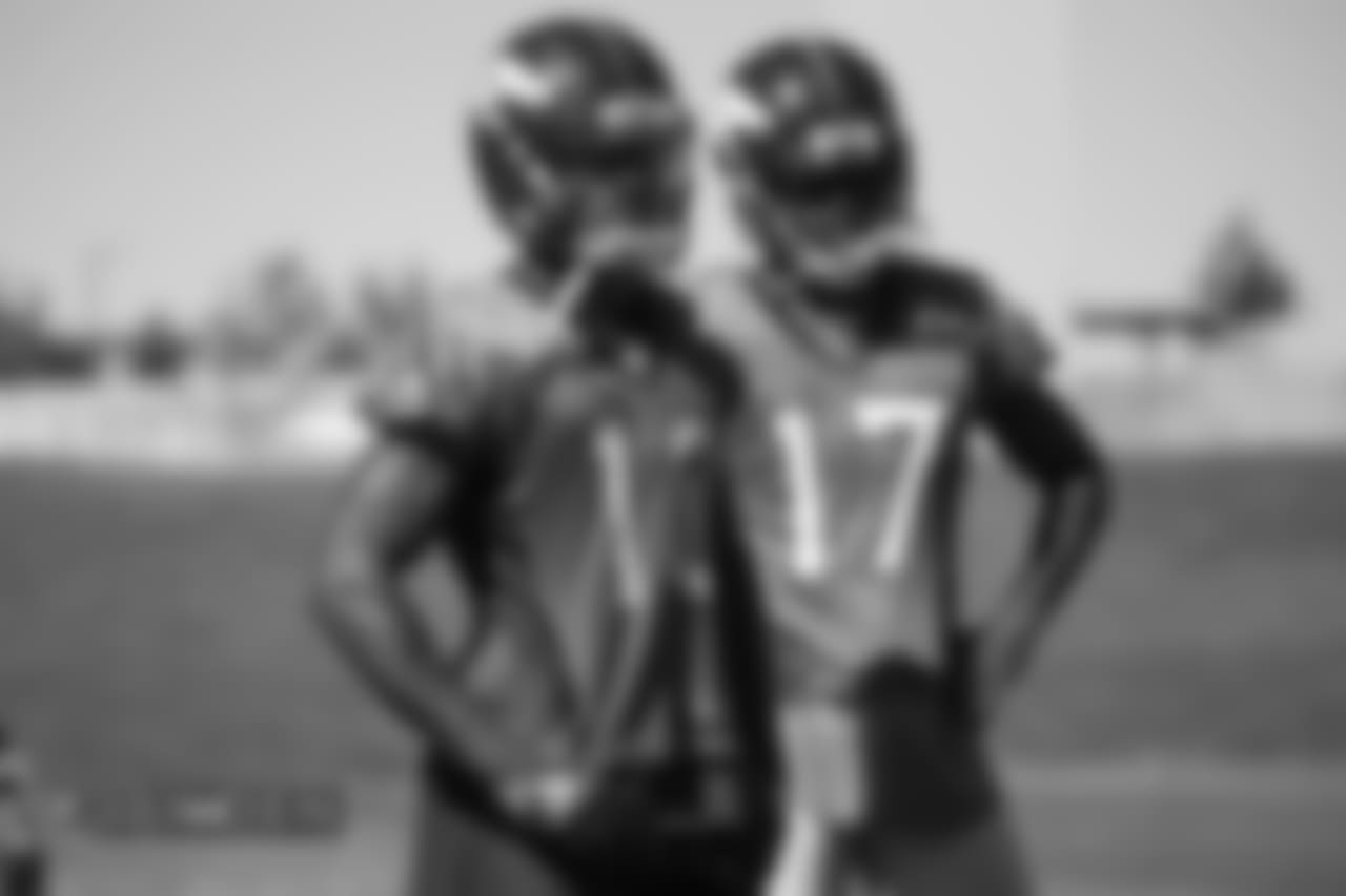 Emmanuel Sanders and DaeSean Hamilton during practice at UCHealth Training Center on September 14, 2018.