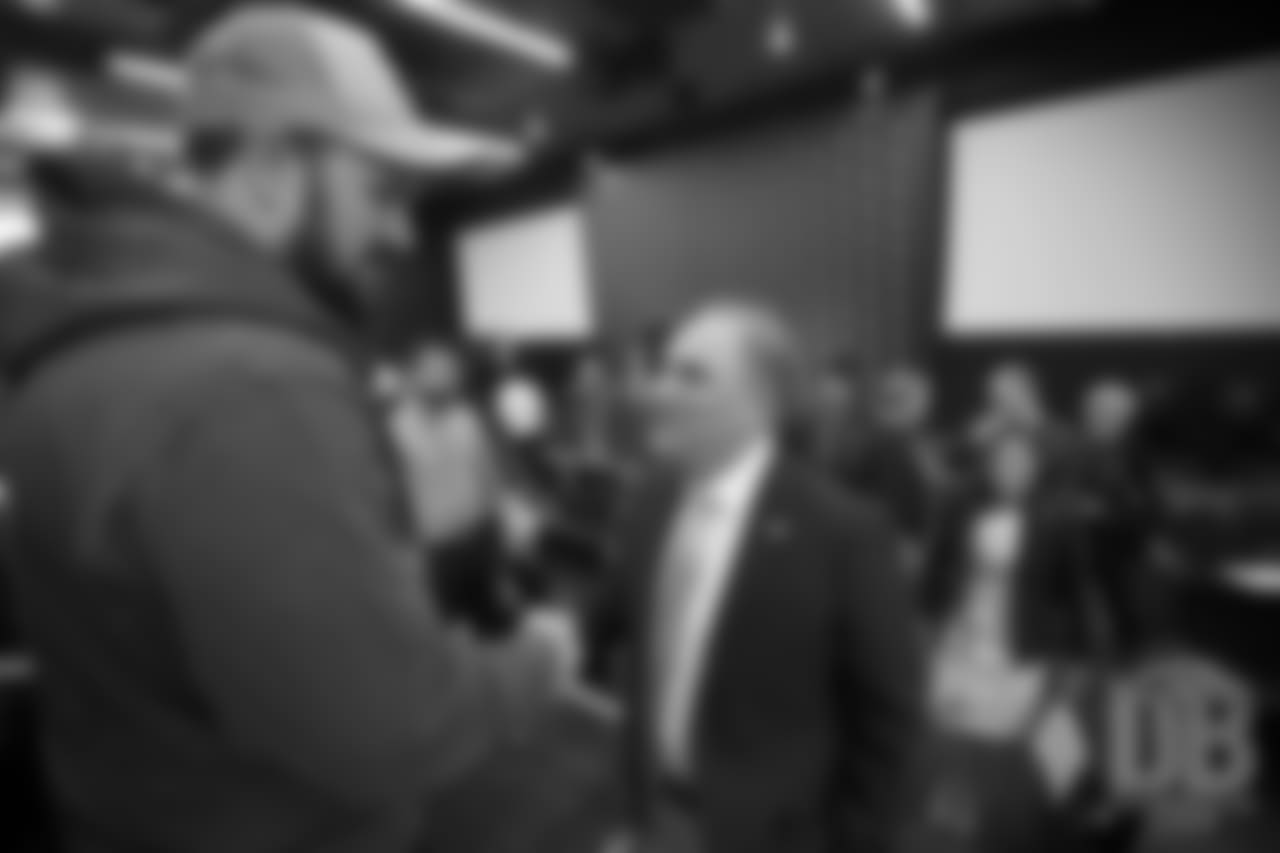 Connor McGovern greets Head Coach Vic Fangio after his introductory press conference on January 10, 2019.
Photo by Gabriel Christus