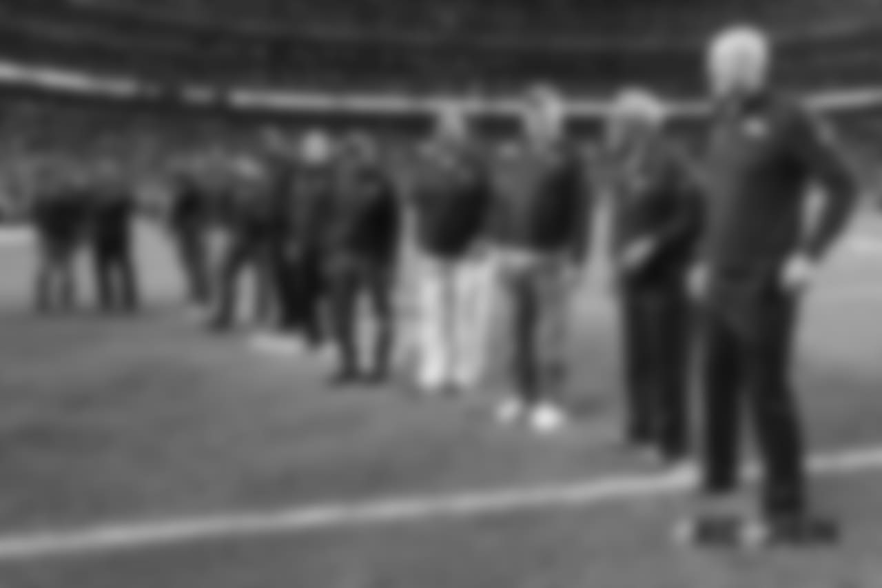 Ring of Fame former tackle Gary Zimmerman, Ring of Fame former halfback/kicker Gene Mingo and other Ring of Famers during the Ring of Fame recognition show at halftime during the game against the Kansas City Chiefs at Broncos Stadium at Mile High on October 1, 2018.