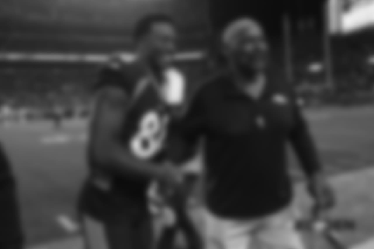 Demaryius Thomas greets Ring of Fame former defensive end Rich Jackson during the Ring of Fame recognition show at halftime during the game against the Kansas City Chiefs at Broncos Stadium at Mile High on October 1, 2018.