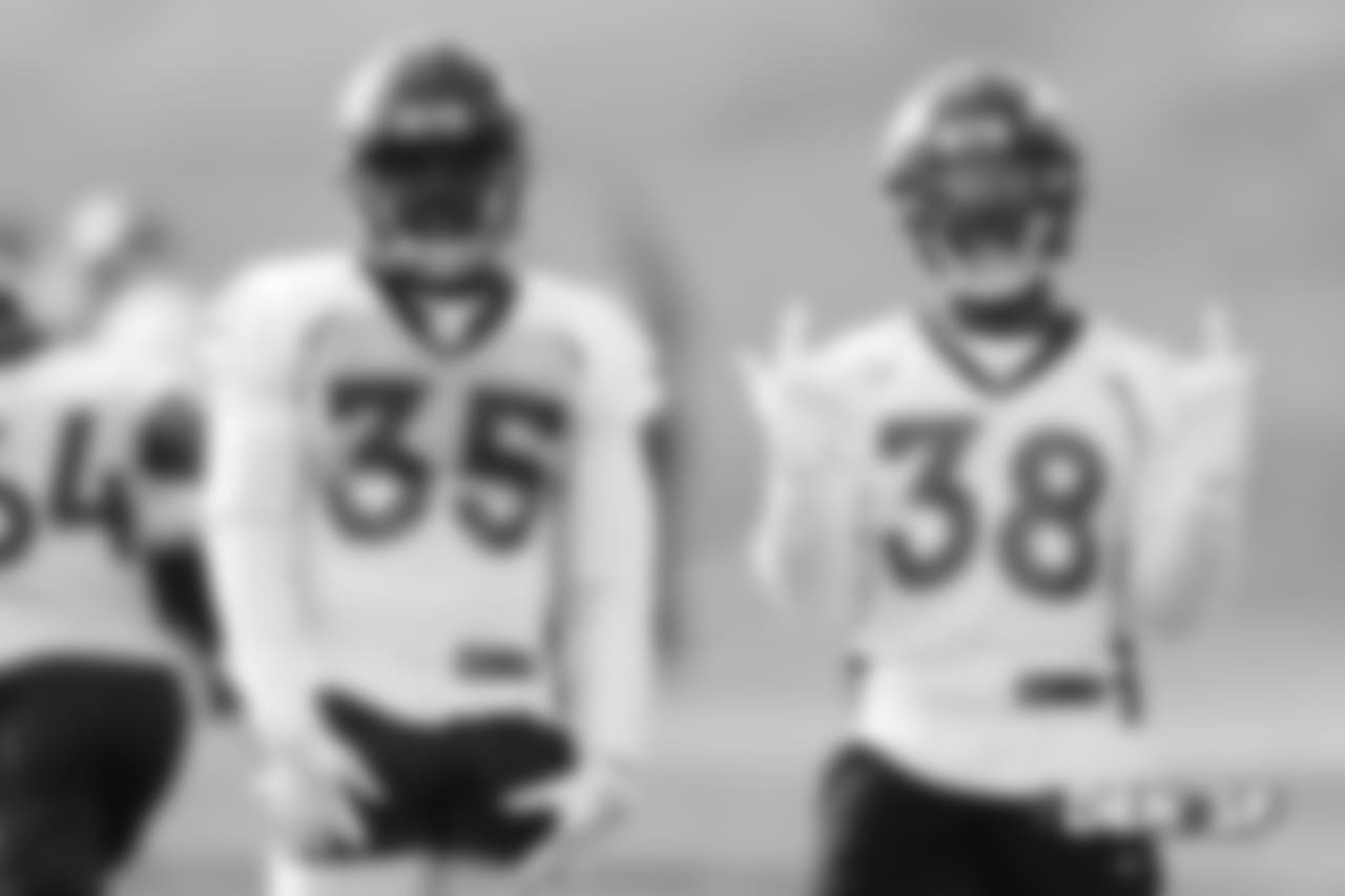 Dymonte Thomas and Shamarko Thomas during practice at UCHealth Training Center in Centennial, CO, December 05, 2018.
Photo by Gabriel Christus