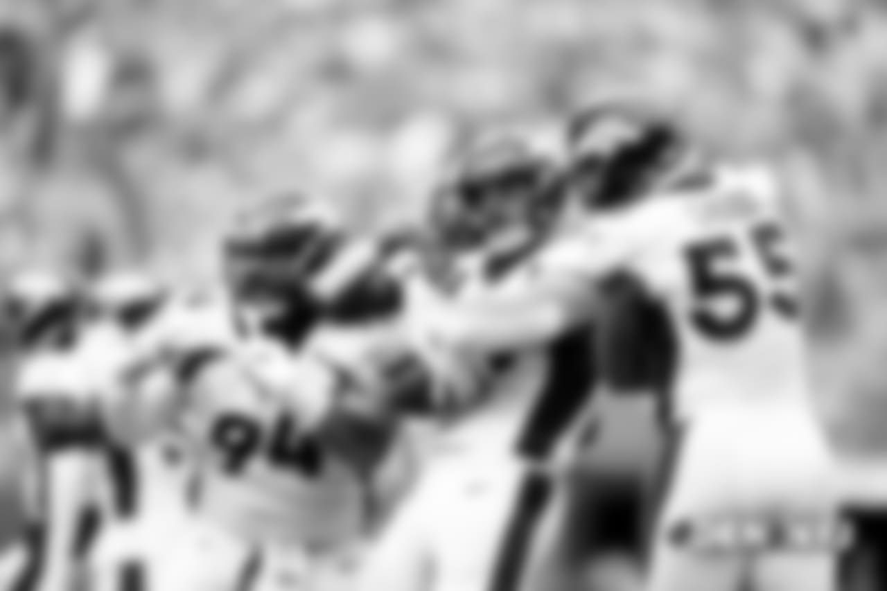 Domata Peko Sr., Adam Gotsis and Bradley Chubb celebrate Gotsis' fumble recovery in game action during the NFL game against the New York Jets at MetLife Stadium in East Rutherford, New Jersey, October 07, 2018.
Photo by Jose Angel