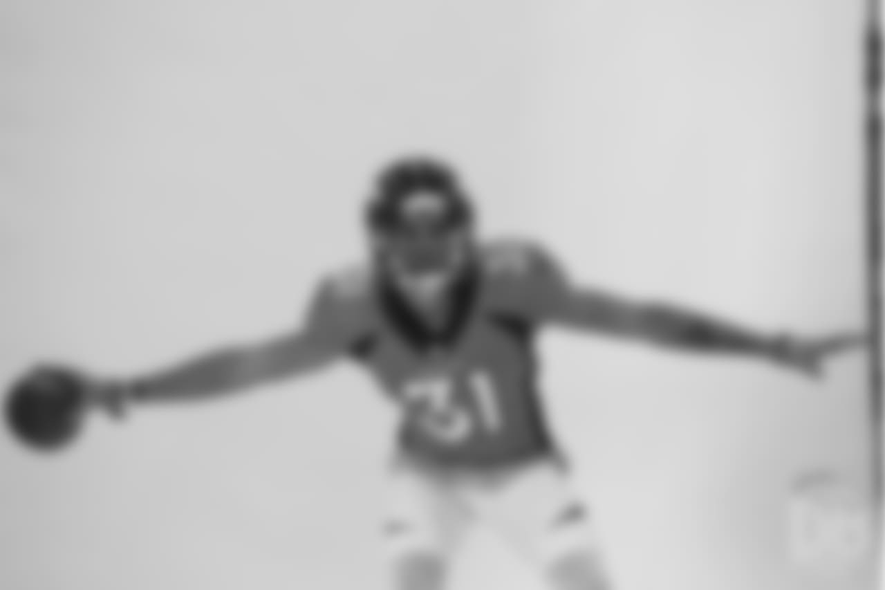 Safety Justin Simmons (31) poses for photos during the media sessions with team photographer Gabriel Christus on June 12, 2018.