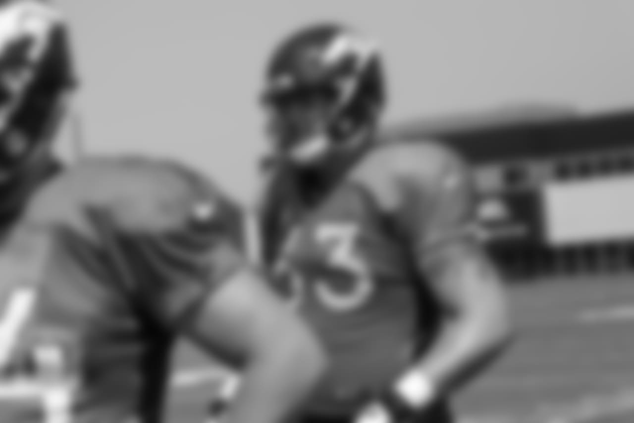 Tackle Austin Fleer (63) during a practice at UCHealth Training Center on Aug. 13, 2018.