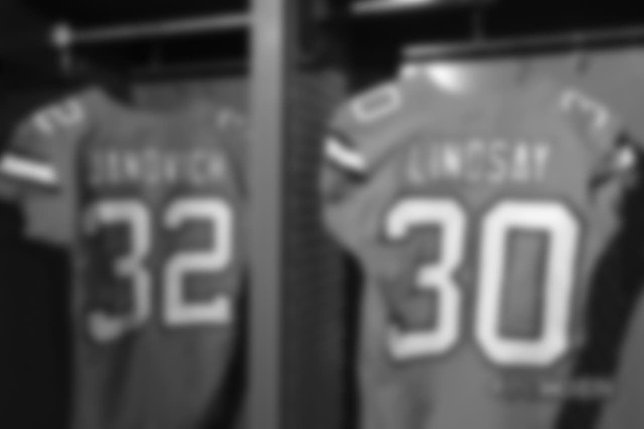 A close-up look at the Broncos' Color Rush jerseys during a photoshoot on November 20, 2018.