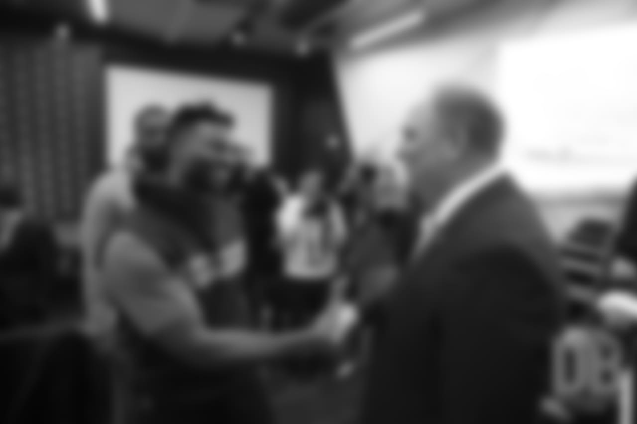 Emmanuel Sanders greets Head Coach Vic Fangio after his introductory press conference on January 10, 2019.
Photo by Gabriel Christus