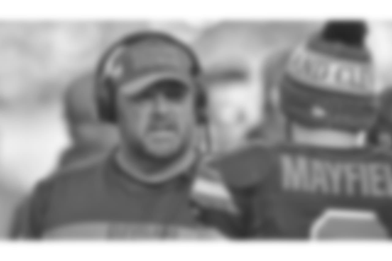 Cleveland Browns offensive coordinator Freddie Kitchens talks to quarterback Baker Mayfield during an NFL football game against the Kansas City Chiefs, Sunday, Nov. 4, 2018, in Cleveland. The Chiefs won 37-21. (AP Photo/David Richard)