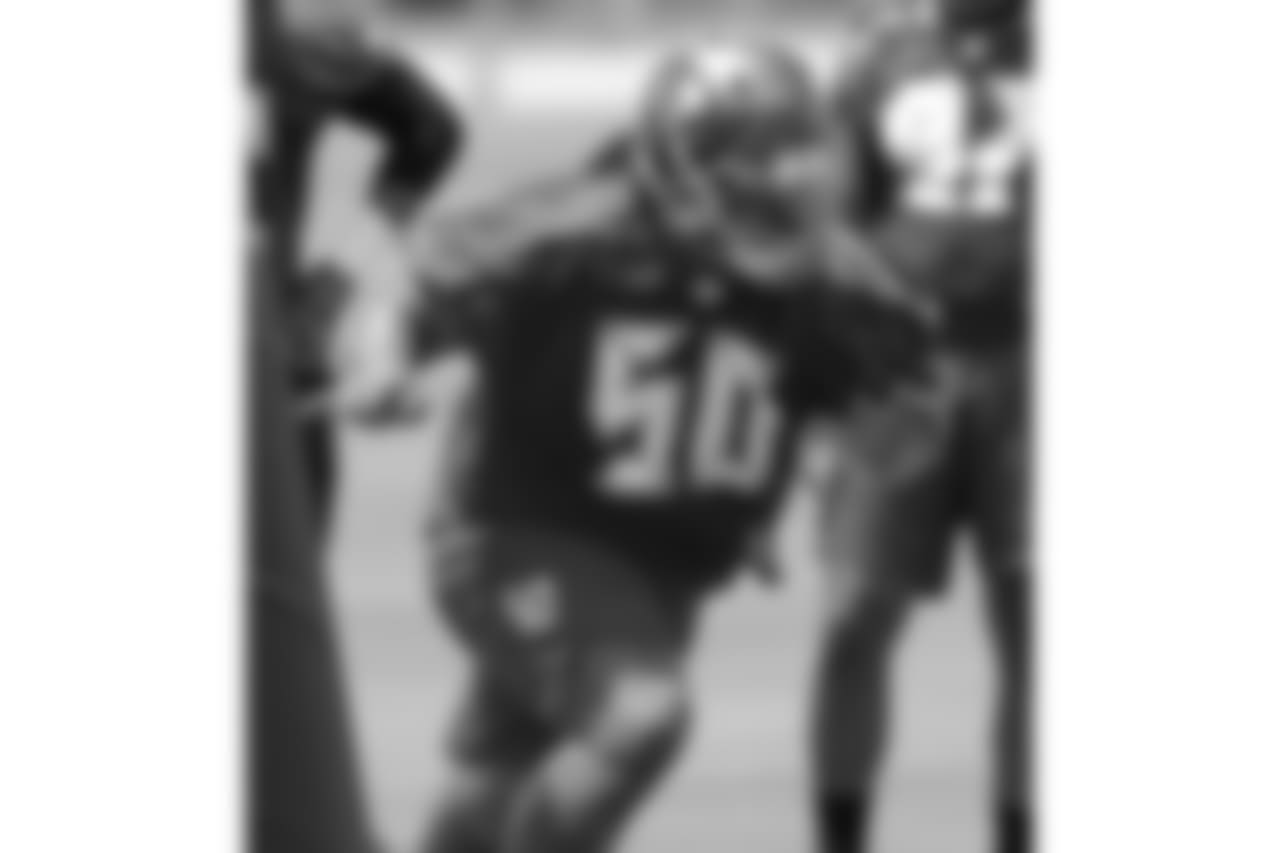 TAMPA, FLORIDA - MAY 24, 2018: Defensive Tackle Vita Vea #50 of the Tampa Bay Buccaneers during OTA practice at One Buccaneer Place. (Photo by Mike Carlson/Tampa Bay Buccaneers)