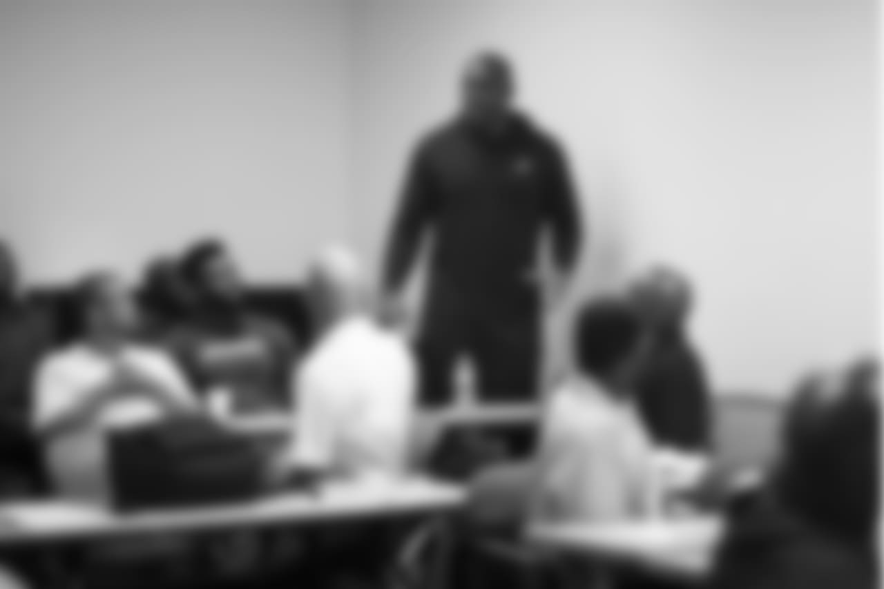 TAMPA, FL- OCTOBER 16, 2018 - Tackle Demar Dotson #69 during the Tampa Bay Buccaneers Social Justice Program visit to Abe Brown Ministries Ready For Work program in Tampa, FL. Photo By Kyle Zedaker/Tampa Bay Buccaneers
