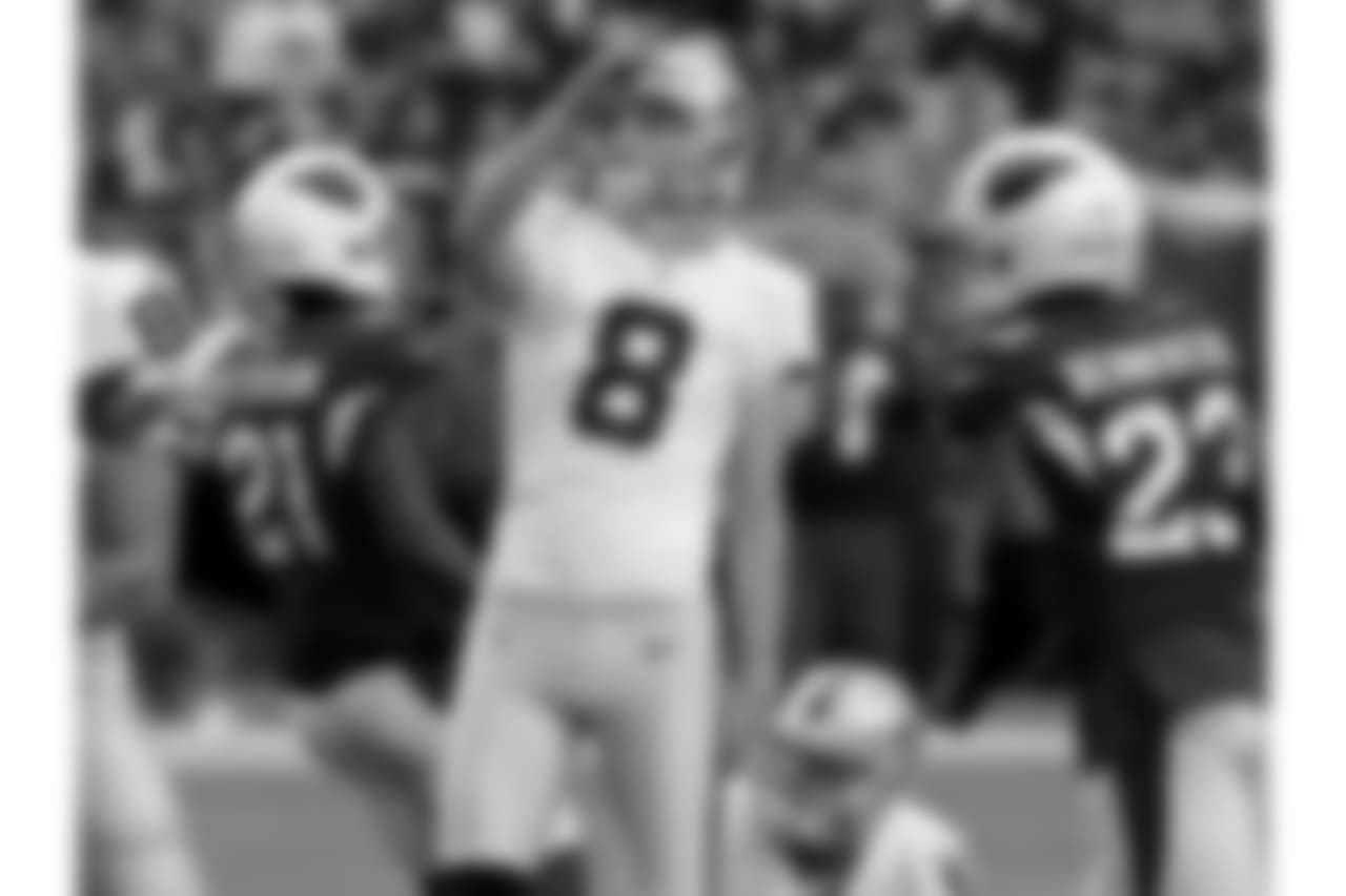 Oakland Raiders kicker Daniel Carlson (8) watches his 49-yard field goal split the uprights against the Arizona Cardinals during the second half of an NFL football game, Sunday, Nov. 18, 2018, in Glendale, Ariz.