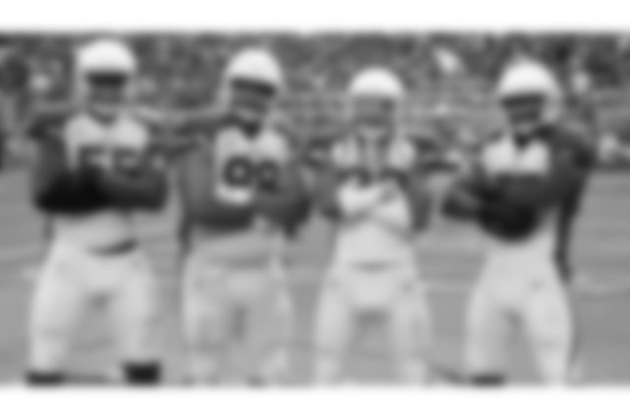 From left: DE Chandler Jones, DT Corey Peters, S Tre Boston and LB Josh Bynes celebrating a defensive touchdown