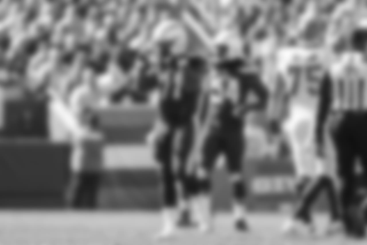 Damion Square celebrates his back-to-back sacks of Browns QB Baker Mayfield during the Week 6 matchup against the Browns.