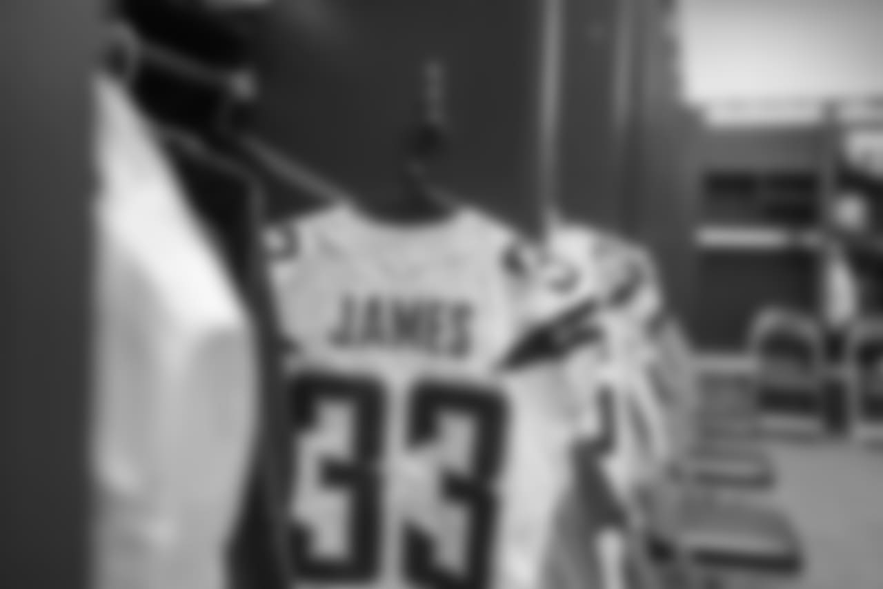 Derwin James' jersey hangs in the locker room at CenturyLink Field before the Week 9 matchup against the Seattle Seahawks.