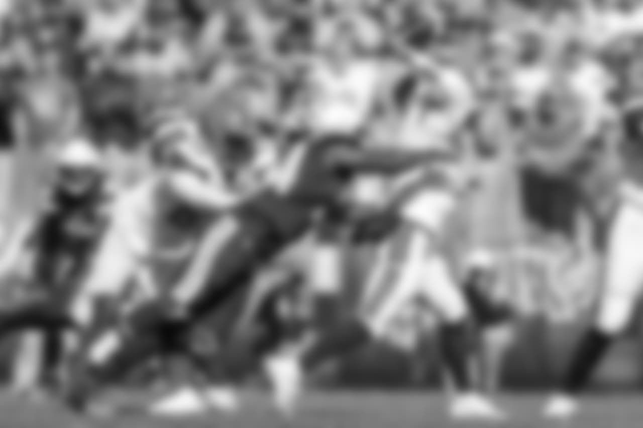 Melvin Ingram sacks Browns QB Baker Mayfield during the Week 6 matchup against the Browns.