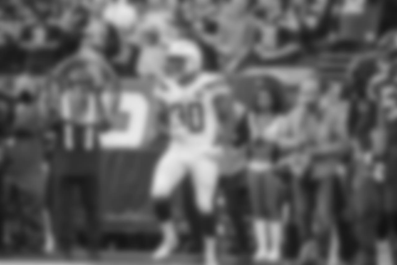 Austin Ekeler celebrates on the field during the Week 9 contest against the Seattle Seahawks at CenturyLink Field.