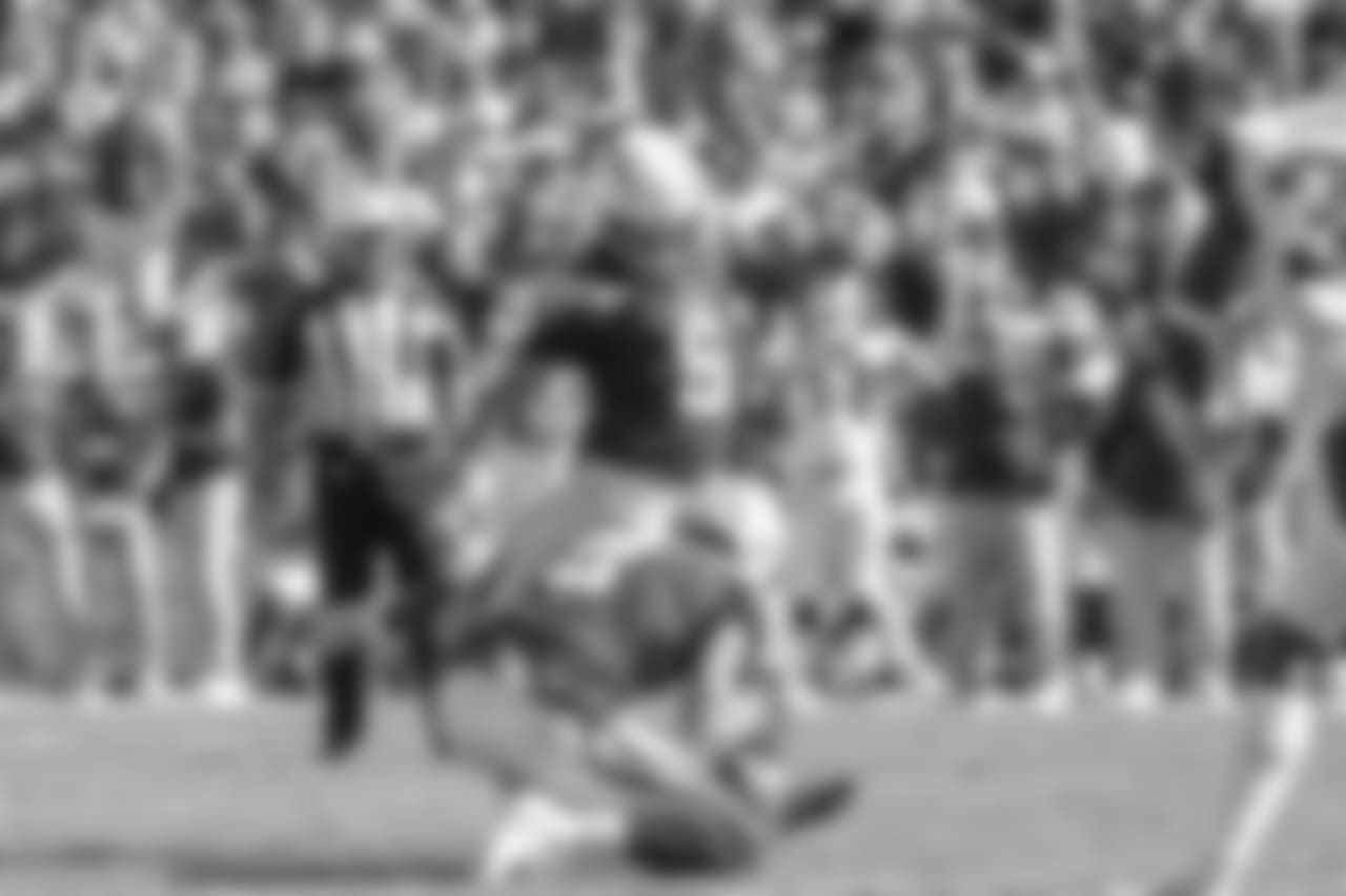 Caleb Sturgis kicks an extra point during the Bolts' matchup against the LA Rams at the LA Memorial Coliseum.