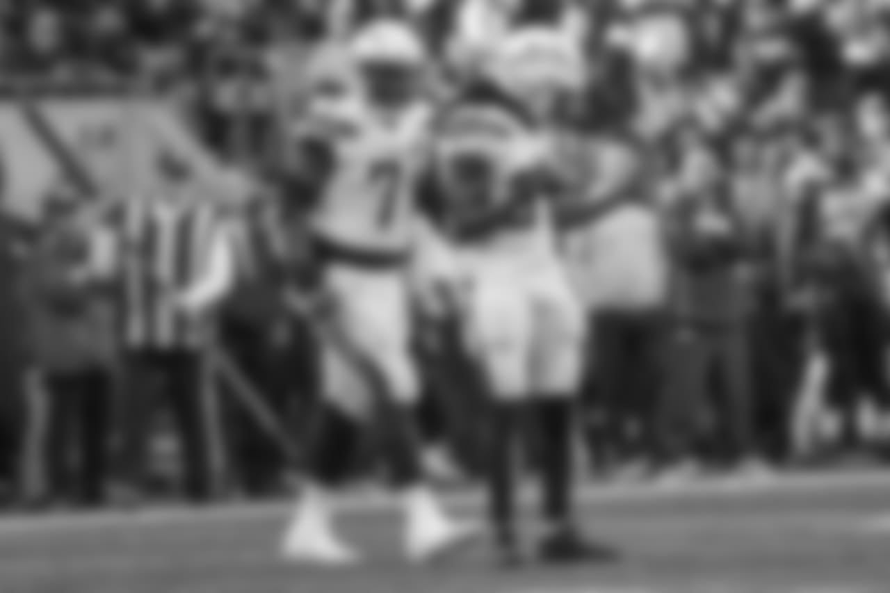 Jahleel Addae celebrates his sack of Russell Wilson during the Week 9 contest against the Seattle Seahawks at CenturyLink Field.