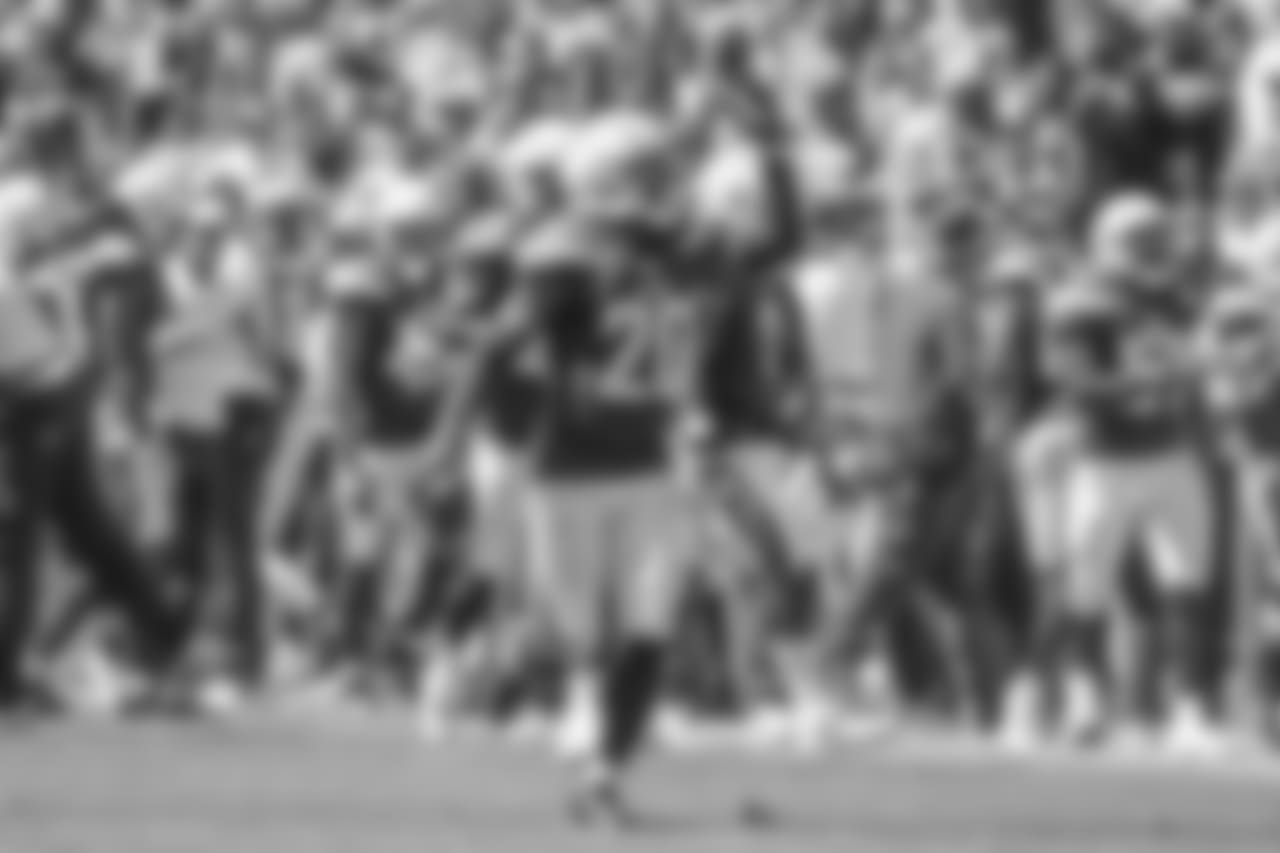 Desmond King celebrates a forcing a fumble during the Bolts' matchup against the LA Rams at the LA Memorial Coliseum.