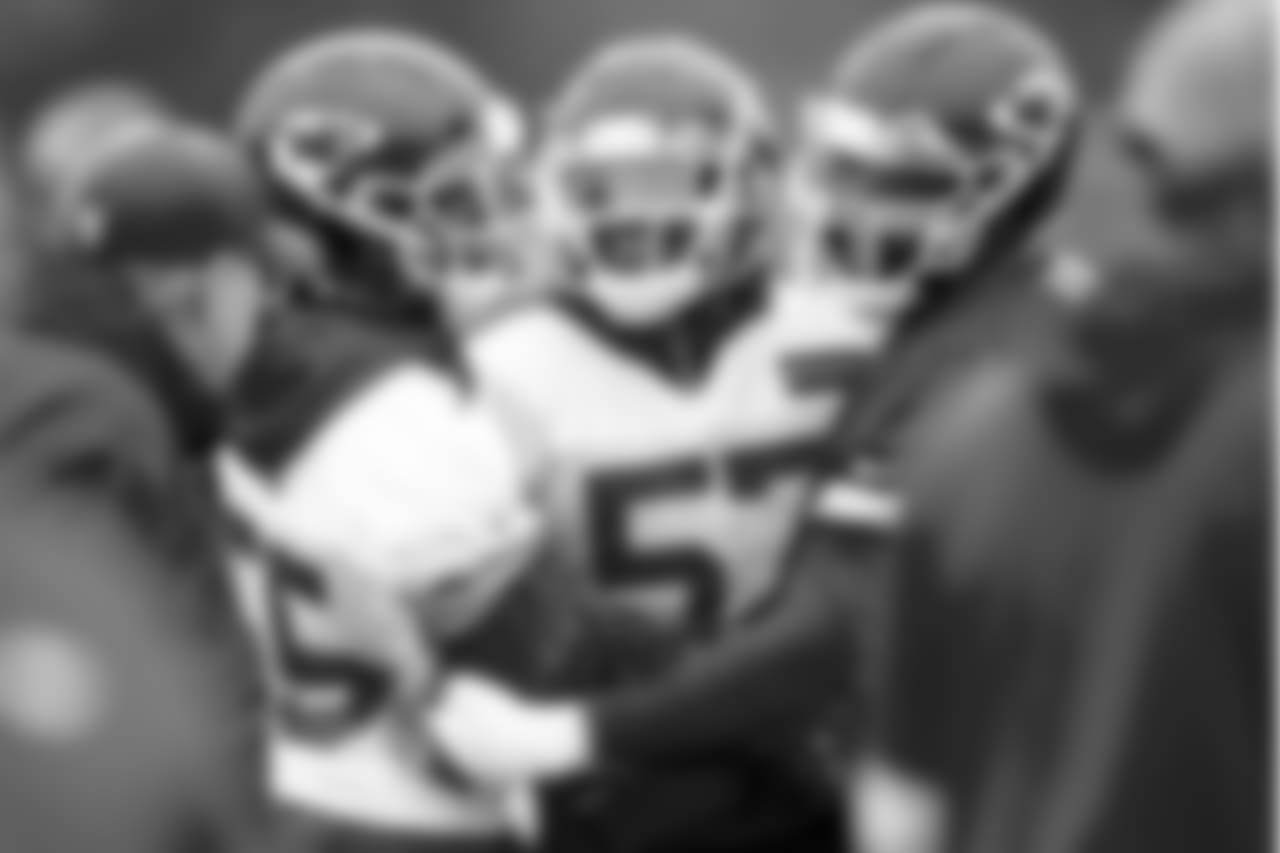 Kansas City Chiefs linebacker Dee Ford (55), Kansas City Chiefs linebacker Breeland Speaks (57) and Kansas City Chiefs center Jeff Allen (73) during practice on 10/25/18