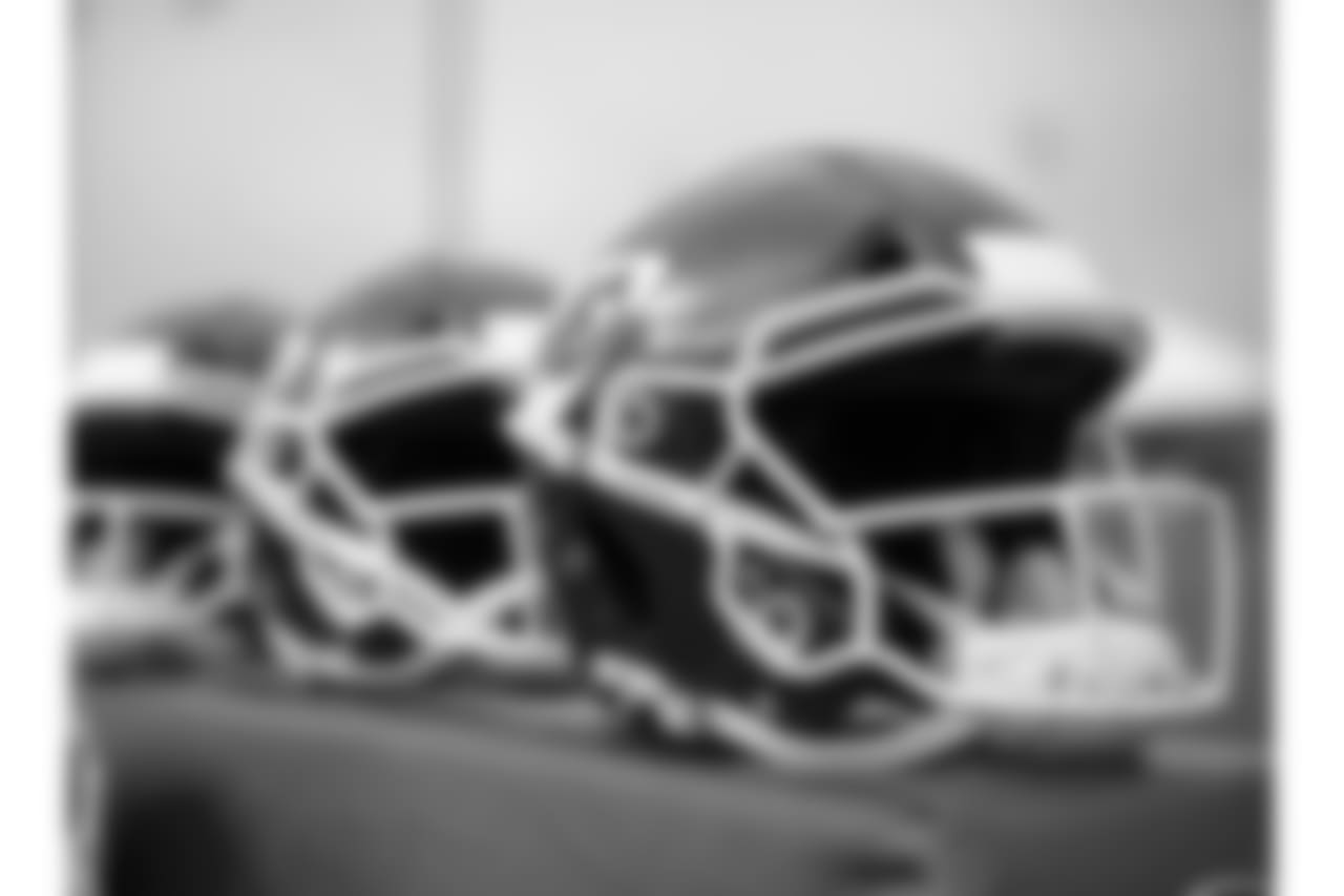 Helmets during practice on 8/7/18 at Chiefs Training Camp at Missouri Western State University in St. Joseph, Missouri.