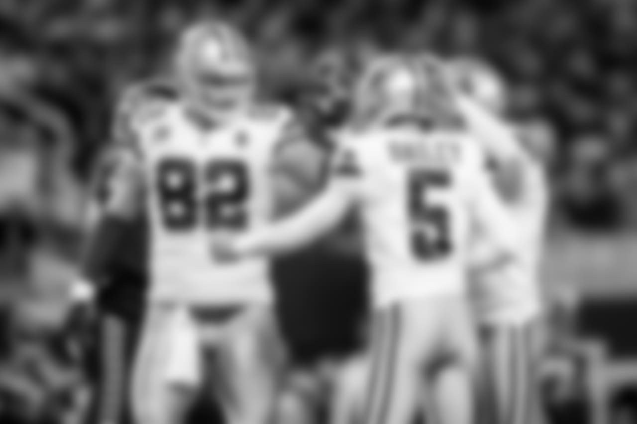 Dallas Cowboys place kicker Dan Bailey (5) celebrates with tight end Jason Witten (82) after a kick during a week 16 NFL football game against the Seattle Seahawks on Sunday, Dec. 24, 2017 in Arlington, Texas. Seattle won 21-12. (Aaron M. Sprecher via AP)