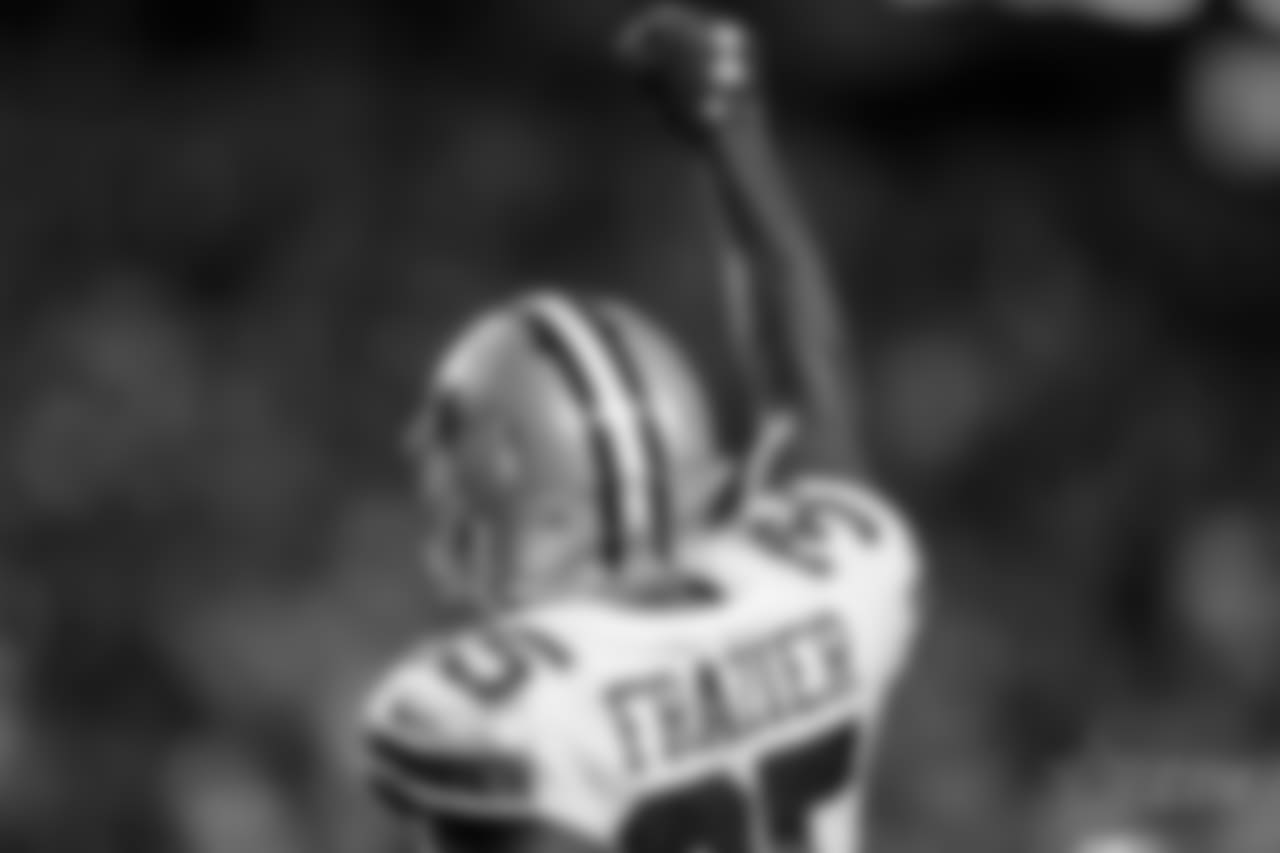 Dallas Cowboys strong safety Kavon Frazier (35) holds up a fist during an NFL football game against the Arizona Cardinals, Monday, Sept. 25, 2017, in Glendale, Ariz. The Cowboys defeated the Cardinals, 28-17. (Ryan Kang via AP)