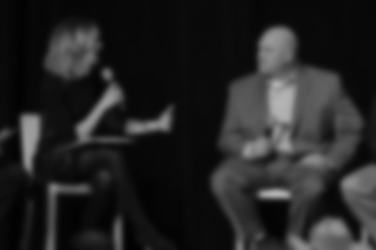 Tori Petry asks Detroit Lions director of player performance Mark Stephenson a question during a panel discussion at the Season Ticket Member Summit on Monday, Feb. 11, 2019 in Detroit.