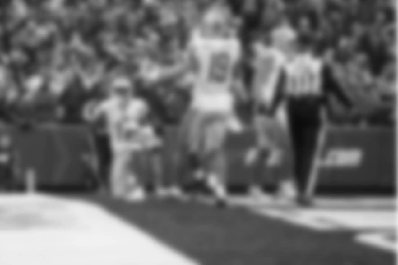 Detroit Lions wide receiver Andy Jones (17) celebrates his first career touchdown during a NFL football game against the Buffalo Bills on Sunday, Dec. 16, 2018 in Orchard Park, N.Y. (Detroit Lions via AP).