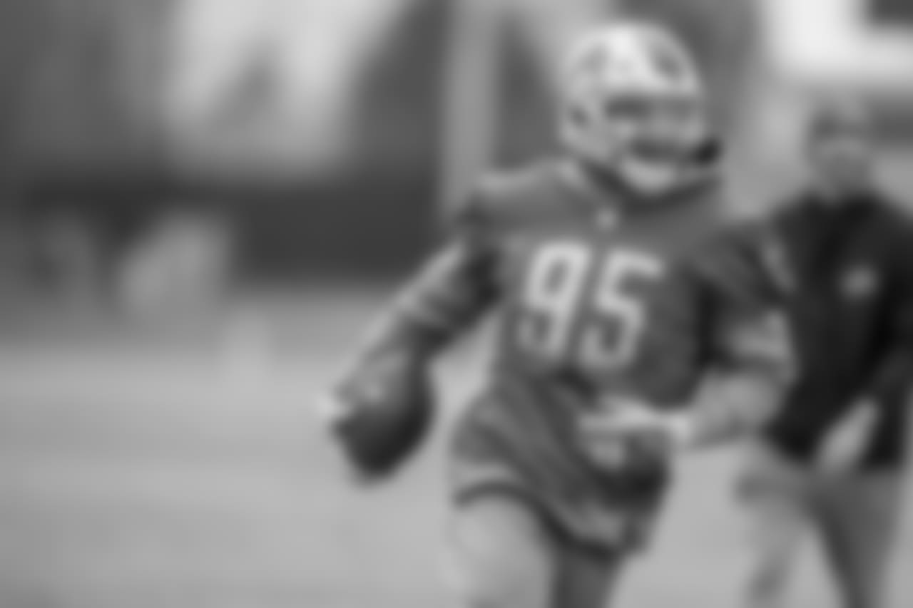 Detroit Lions defensive end Romeo Okwara (95) during practice at the Detroit Lions training facility on Thursday, Dec. 27, 2018 in Allen Park, Mich. (Detroit Lions via AP)