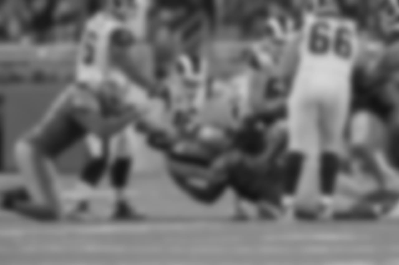 Detroit Lions defensive tackle Damon Harrison (98) sacks Los Angeles Rams quarterback Jared Goff (16) and forces a fumble, which he would also recover during a NFL football game against the Los Angeles Rams on Sunday, Dec. 2, 2018 in Detroit. (Detroit Lions via AP).