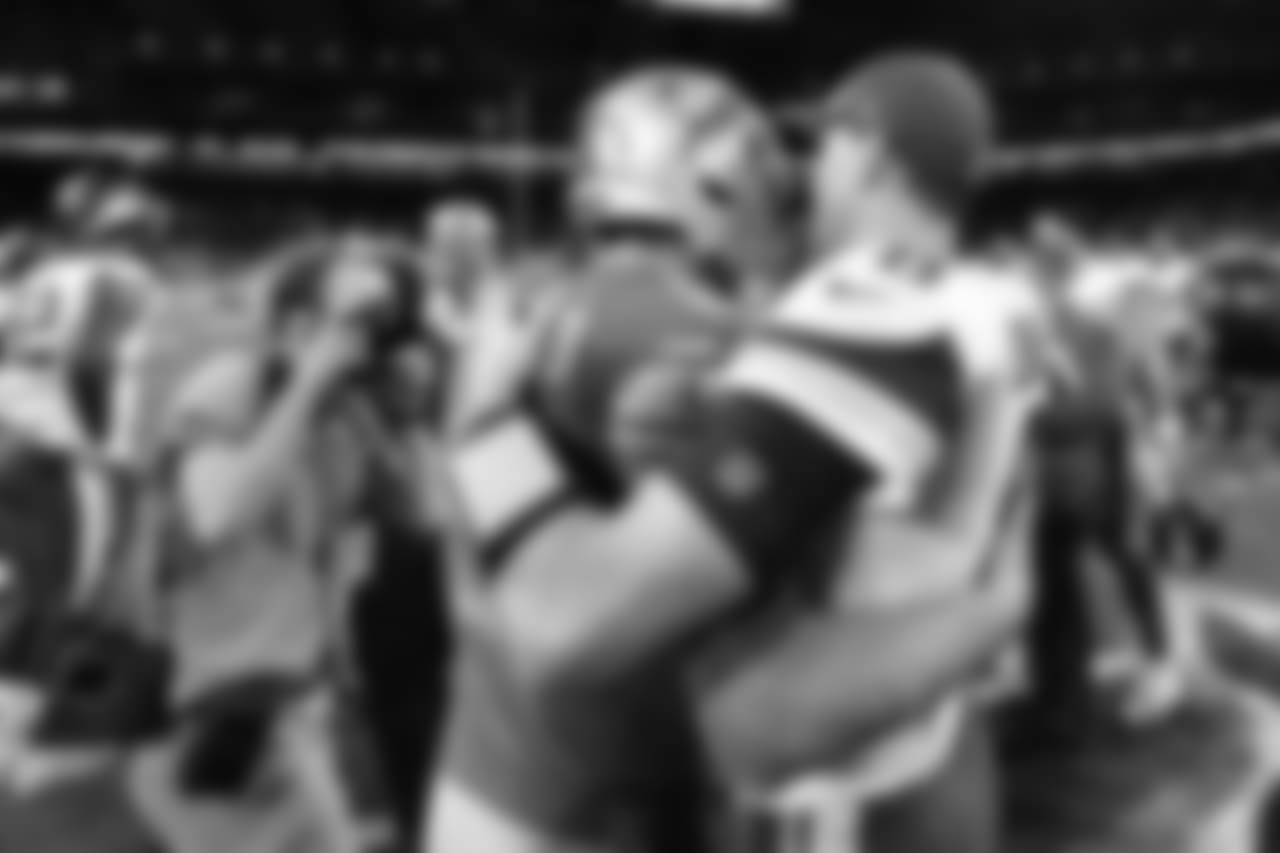 Detroit Lions quarterback Matthew Stafford (9) and Minnesota Vikings quarterback Kirk Cousins (8) following a NFL football game against the Minnesota Vikings on Sunday, Dec. 23, 2018 in Detroit. (Detroit Lions via AP).