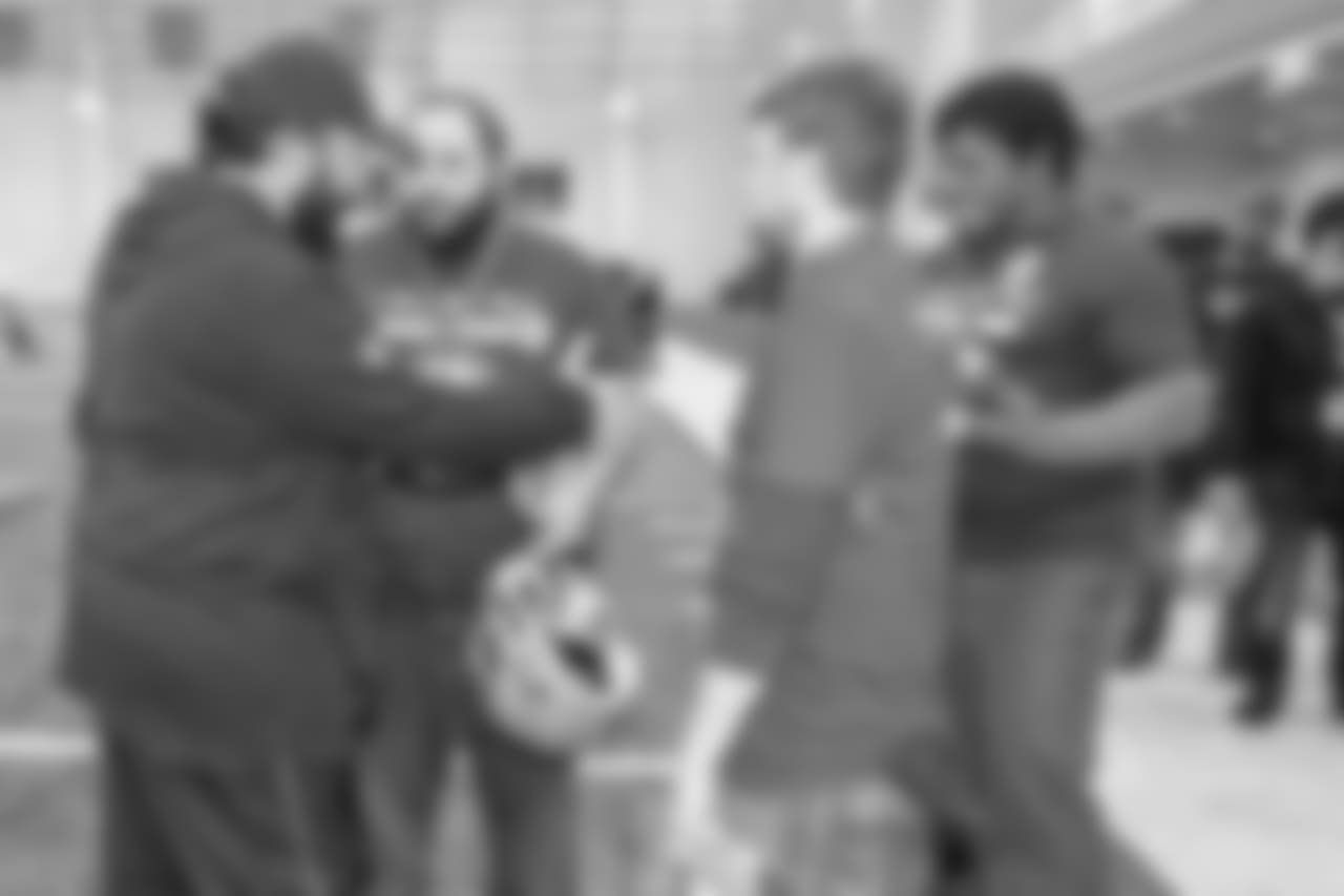 Detroit Lions head coach Matt Patricia meets with families from Tragedy Assistance Program For Survivors (TAPS) after the team's walkthrough at the Detroit Lions training facility on Saturday, Nov. 17, 2018 in Allen Park, Mich. (Detroit Lions via AP)