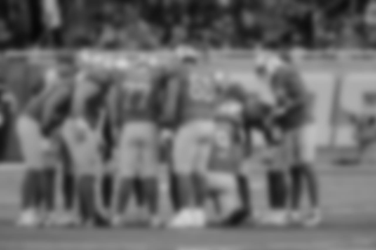 Detroit Lions offensive huddle during a NFL football game against the Chicago Bears on Thursday, Nov. 22, 2018 in Detroit. (Detroit Lions via AP).