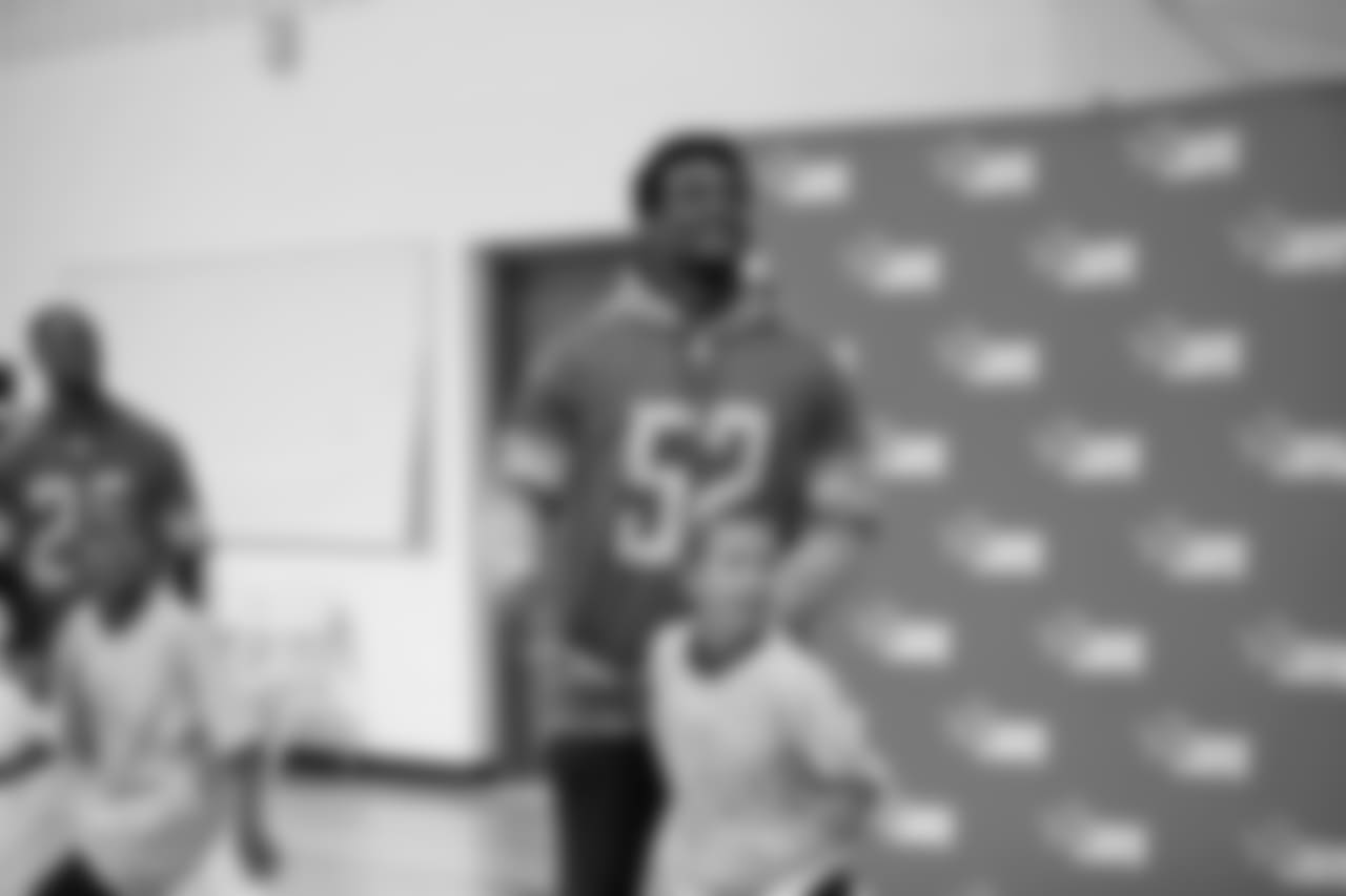 Detroit Lions linebacker Christian Jones (52) at a real players don't bully assembly with Playworks at Hutchinson Elementary School on Tuesday, Oct. 22, 2018 in Detroit.