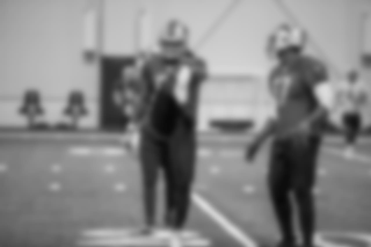 Detroit Lions linebacker Christian Jones (52) and Detroit Lions linebacker Eli Harold (57) during practice at the Detroit Lions training facility on Thursday, Dec. 20, 2018 in Allen Park, Mich. (Detroit Lions via AP)