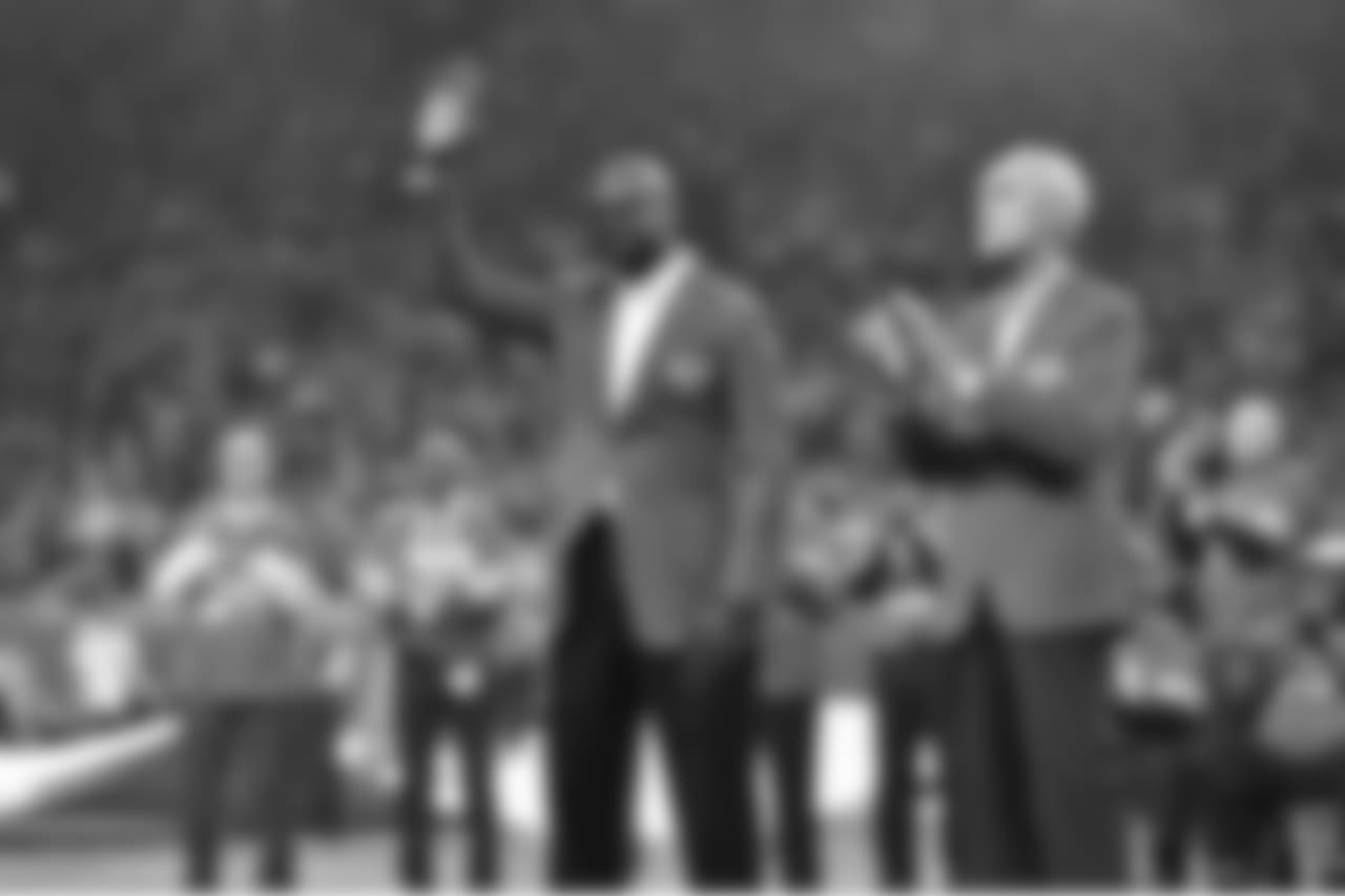 Herman Moore and Roger Brown during the Pride of the Lions induction ceremony during halftime of a NFL football game against the Seattle Seahawks on Sunday, Oct. 28, 2018 in Detroit. (Detroit Lions via AP).