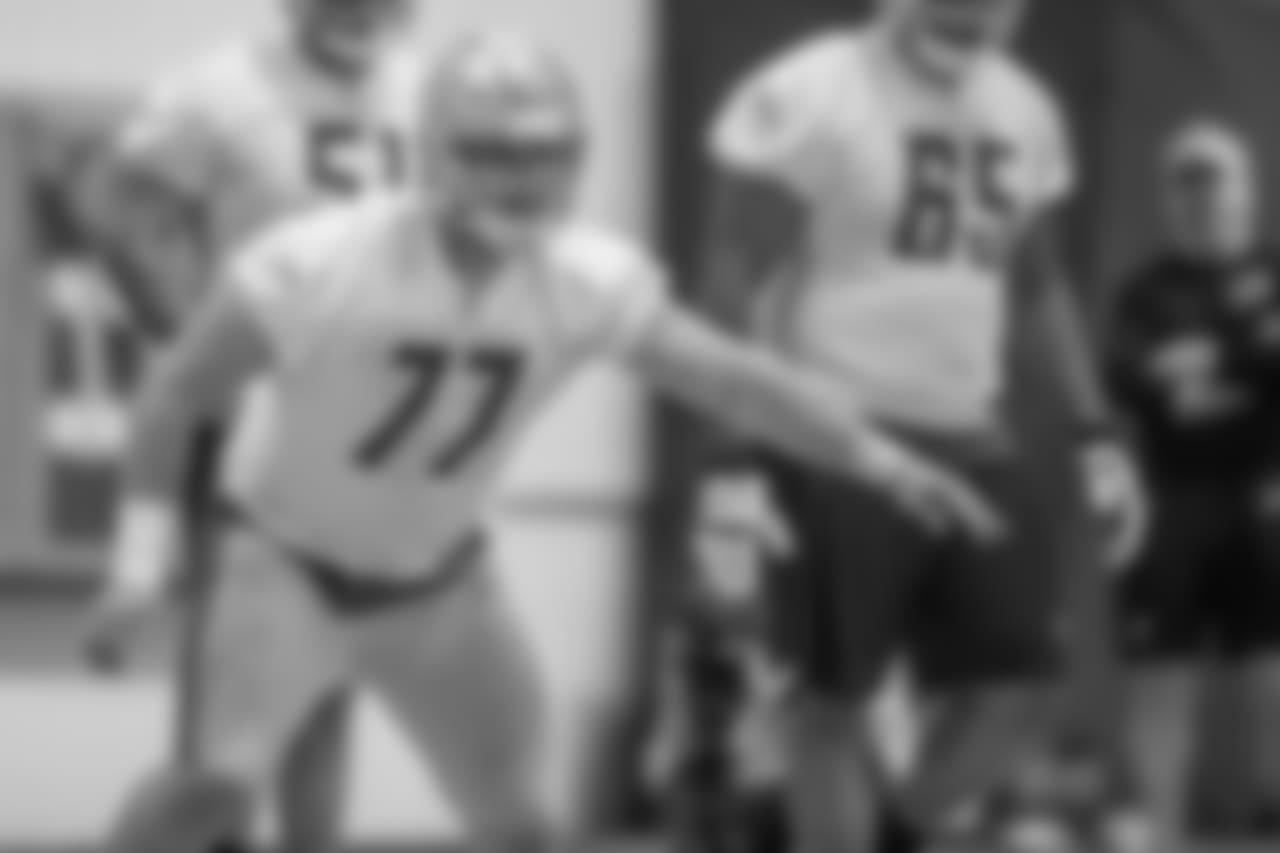 Detroit Lions offensive lineman Frank Ragnow (77) during rookie minicamp practice at the Detroit Lions training facility on Saturday, May 12, 2018 in Allen Park, Mich. (Detroit Lions via AP)