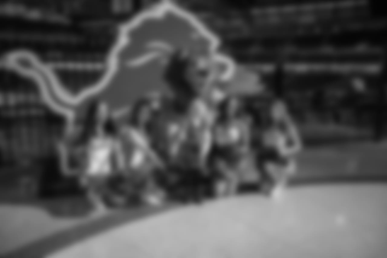 Detroit Lions Cheerleaders take a photo with a young fan at the Season Ticket Member Summit on Monday, Feb. 11, 2019 in Detroit.
