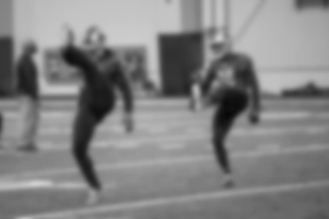 Detroit Lions safety Glover Quin (27) and Detroit Lions cornerback Nevin Lawson (24) during practice at the Detroit Lions training facility on Thursday, Dec. 20, 2018 in Allen Park, Mich. (Detroit Lions via AP)