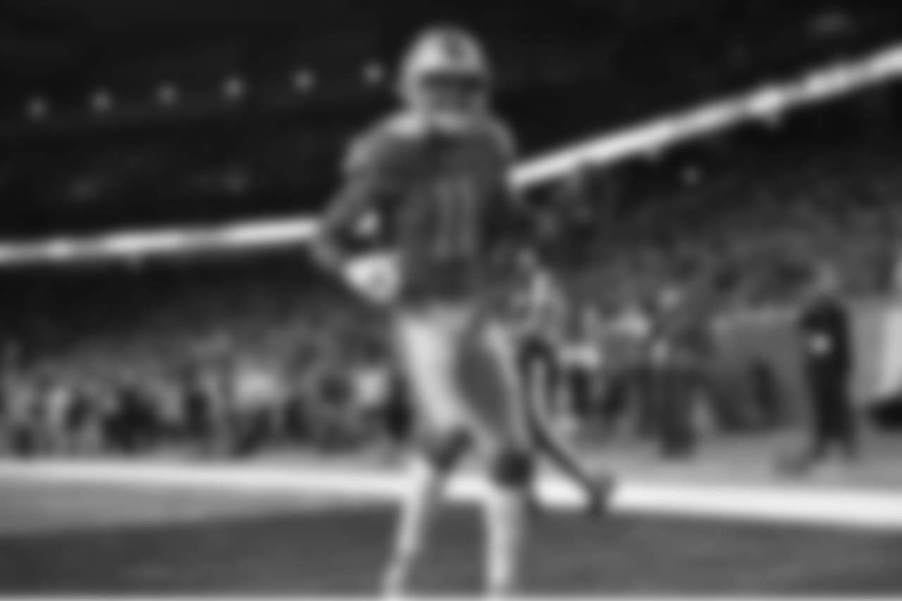 Detroit Lions wide receiver Marvin Jones Jr. (11) celebrates a touchdown catch during a NFL football game against the Seattle Seahawks on Sunday, Oct. 28, 2018 in Detroit. (Detroit Lions via AP).