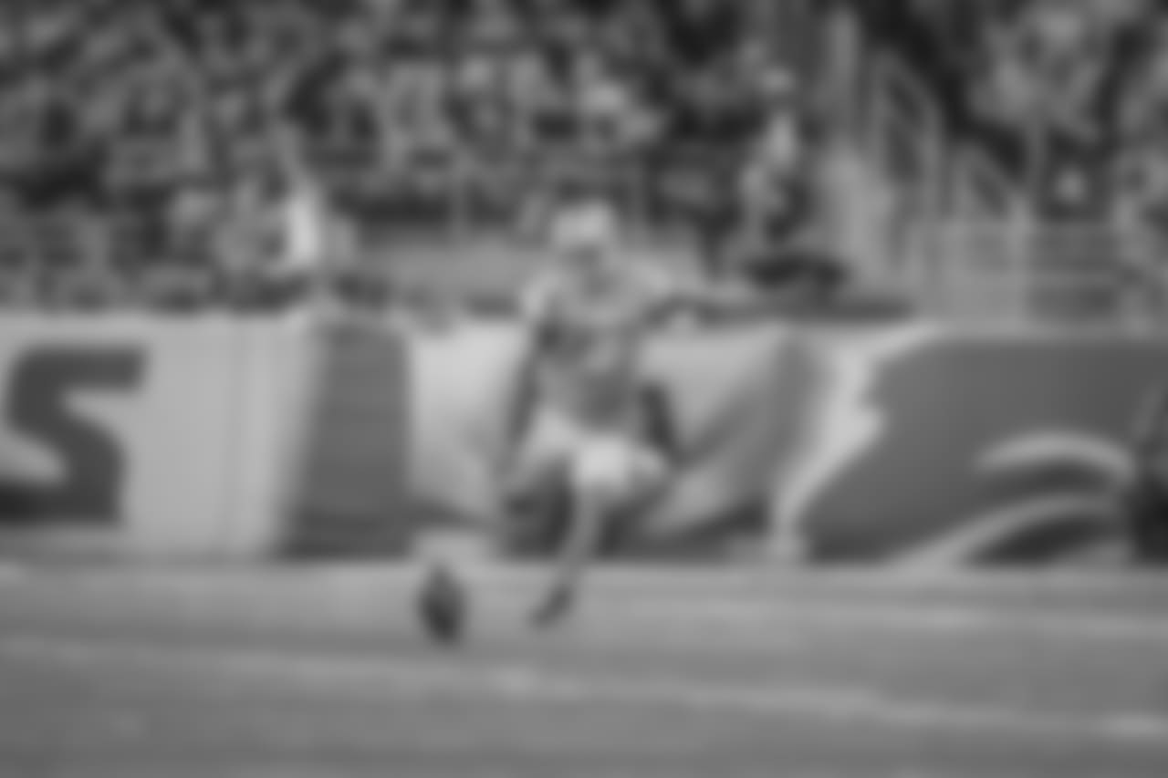 Detroit Lions punter Sam Martin (6) kicks off during a NFL football game against the New England Patriots on Sunday, Sept. 23, 2018 in Detroit. (Detroit Lions via AP).