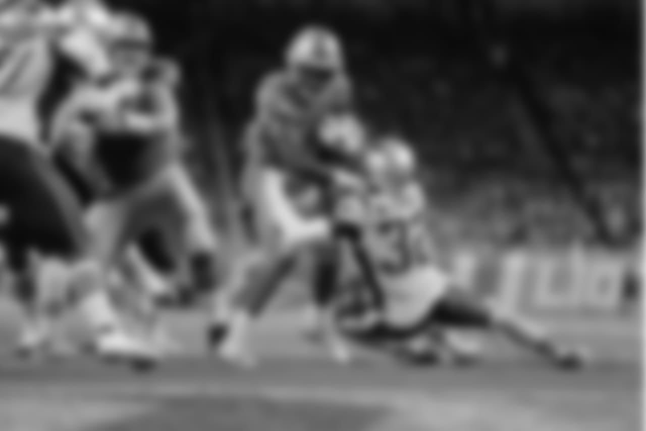 Detroit Lions running back Kerryon Johnson (33) during a NFL football game against the New England Patriots on Sunday, Sept. 23, 2018 in Detroit. (Detroit Lions via AP).