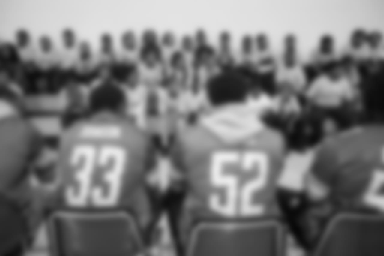 Detroit Lions players at a real players don't bully assembly with Playworks at Hutchinson Elementary School on Tuesday, Oct. 22, 2018 in Detroit.