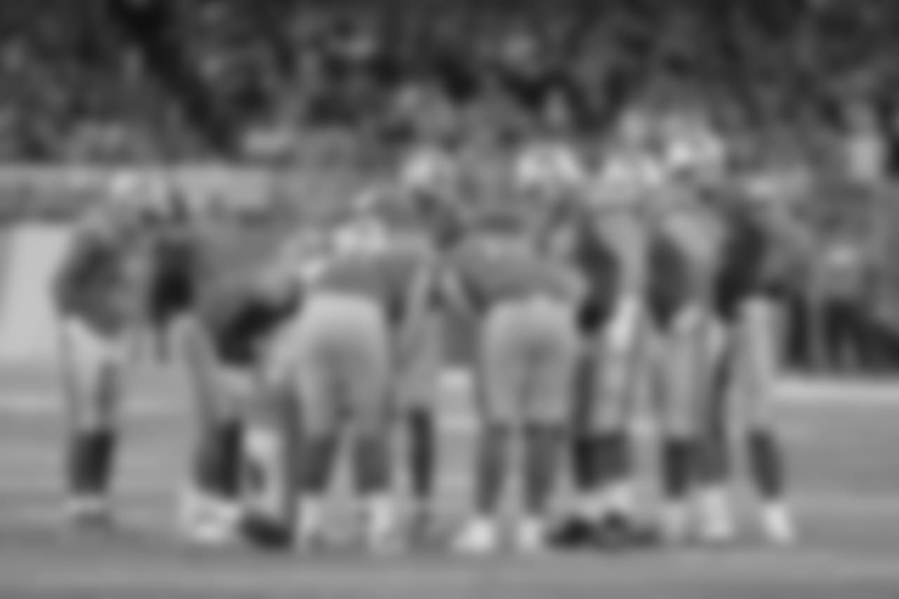 Detroit Lions offensive huddle during a NFL football game against the Green Bay Packers on Sunday, Oct. 7, 2018 in Detroit. (Detroit Lions via AP).