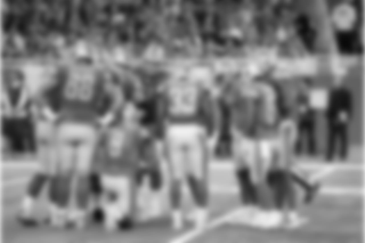 Detroit Lions offensive huddle during a NFL football game against the New England Patriots on Sunday, Sept. 23, 2018 in Detroit. (Detroit Lions via AP).