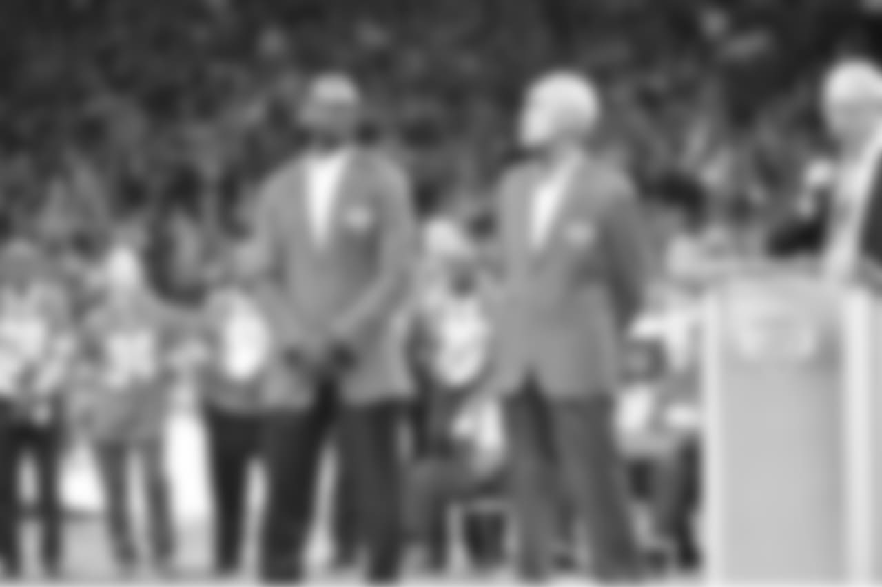 Herman Moore and Roger Brown during the Pride of the Lions induction ceremony during halftime of a NFL football game against the Seattle Seahawks on Sunday, Oct. 28, 2018 in Detroit. (Detroit Lions via AP).