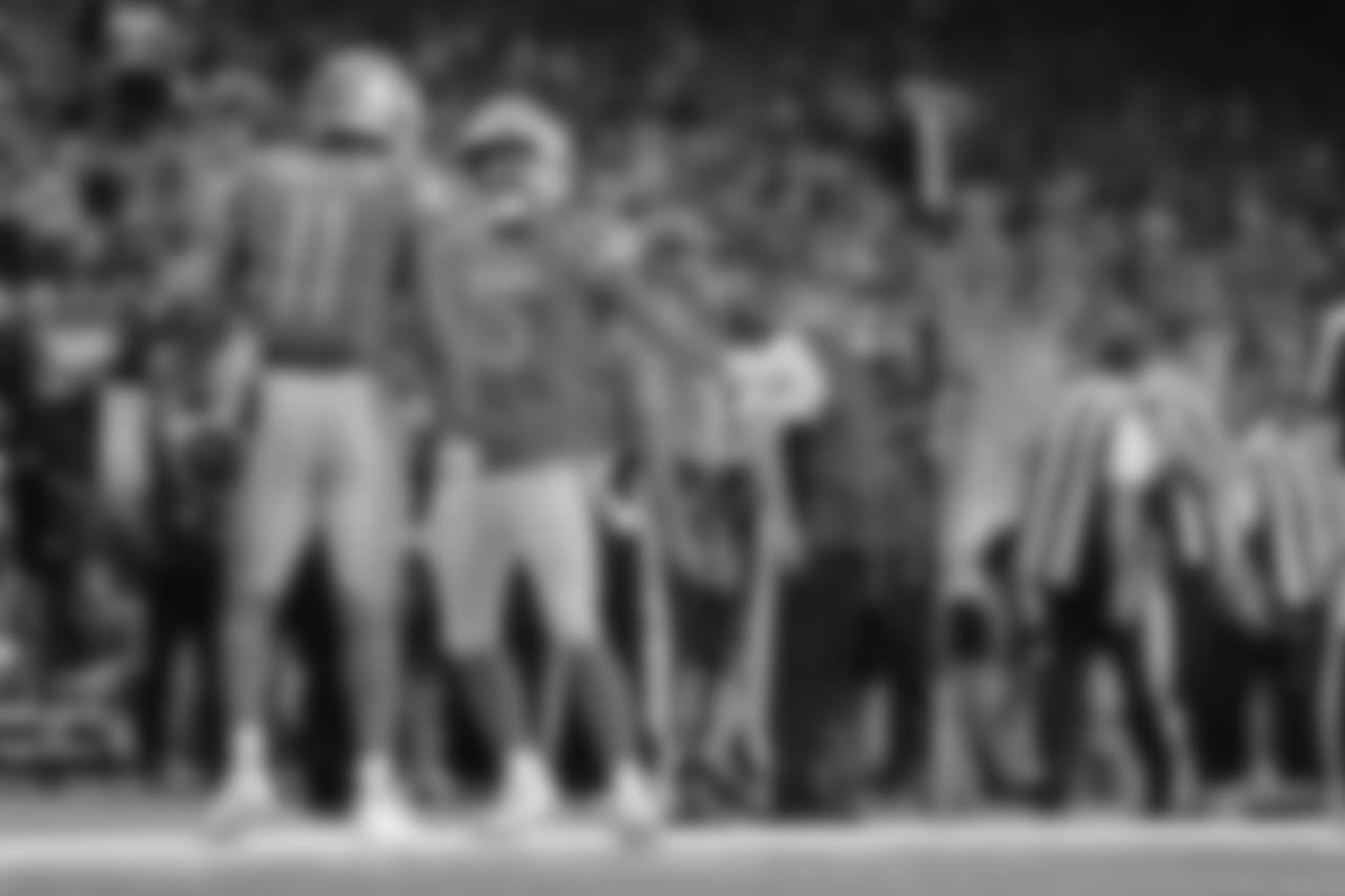 Detroit Lions wide receiver Marvin Jones Jr. (11) celebrates his touchdown catch with Detroit Lions wide receiver Golden Tate (15) during a NFL football game against the New England Patriots on Sunday, Sept. 23, 2018 in Detroit. (Detroit Lions via AP).